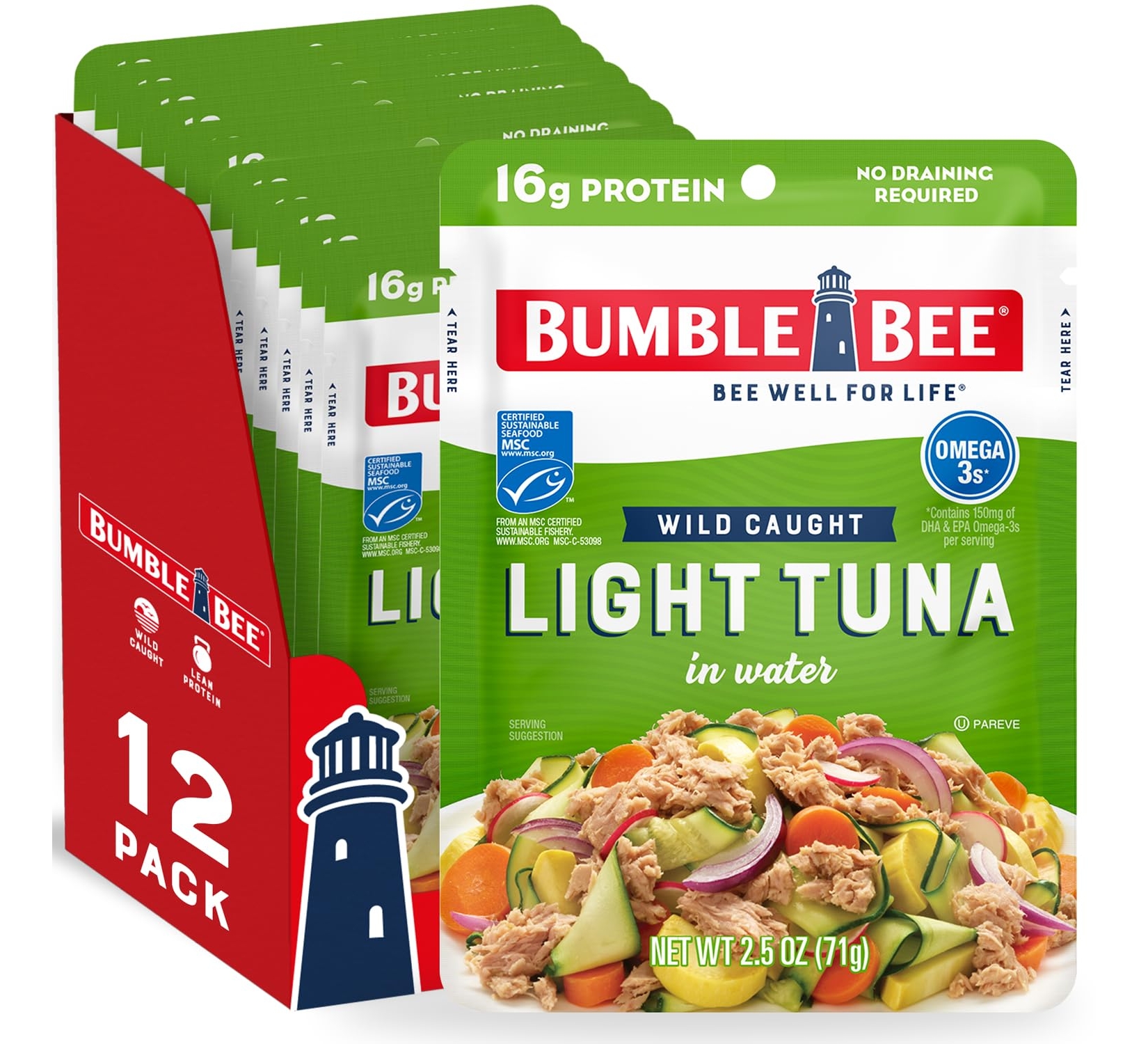 Bumble Bee Light Tuna Pouch in Water, 2.5 oz (Pack of 12) - High Protein Snack