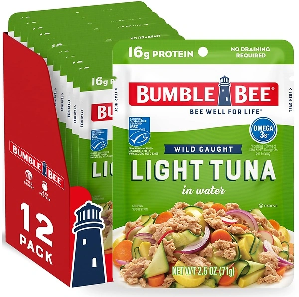Bumble Bee Light Tuna Pouch in Water, 2.5 oz (Pack of 12) - High Protein Snack