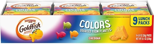 Goldfish Colors Cheddar Crackers, Snack Pack, 0.9 oz, 9 CT Multi-Pack Tray