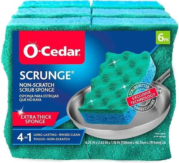 O-Cedar Scrunge Multi-Use Scrubbing Sponge, Non-Scratch, Odor-Resistant, 6 Pack