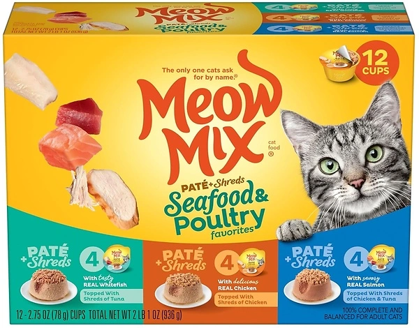 Meow Mix Pate & Shreds Wet Cat Food Variety Pack, Seafood & Poultry, 12 Cups