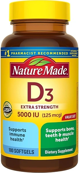 Nature Made Vitamin D3 5000 IU (125 mcg) Softgels, 180 Count, Extra Strength
