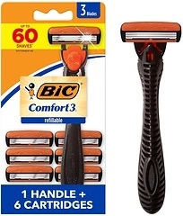 BIC Comfort 3 Razor for Men, Sensitive Skin, 1 Handle, 6 Cartridges, 7 Piece Set