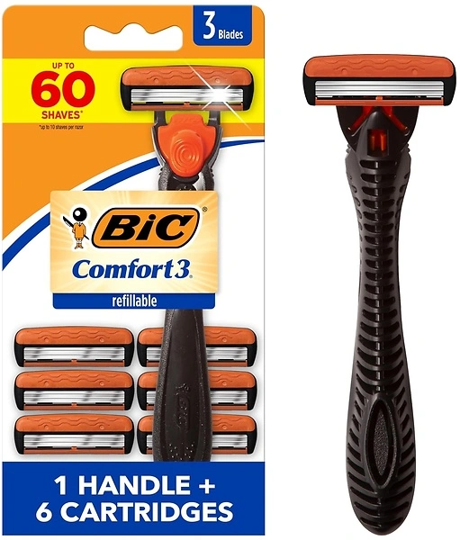 BIC Comfort 3 Razor for Men, Sensitive Skin, 1 Handle, 6 Cartridges, 7 Piece Set