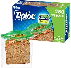 Ziploc Sandwich and Snack Bags, EasyGuide Texture, Grip 'n Seal Technology, 280 Bags