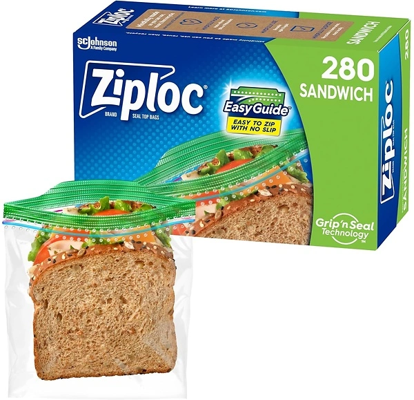Ziploc Sandwich and Snack Bags, EasyGuide Texture, Grip 'n Seal Technology, 280 Bags
