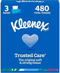 Kleenex Trusted Care Facial Tissues, 3 Flat Boxes, 160 Tissues per Box, 480 Total