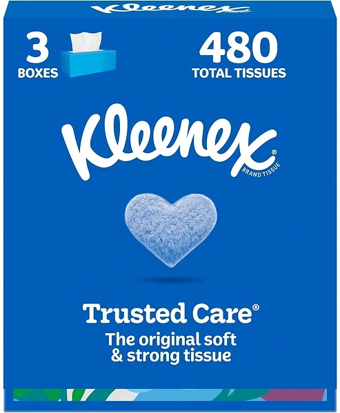Kleenex Trusted Care Facial Tissues, 3 Flat Boxes, 160 Tissues per Box, 480 Total