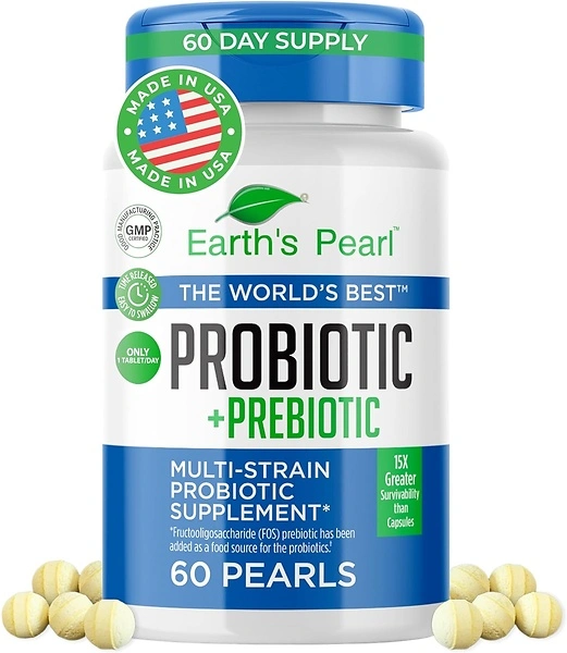 Earth's Pearl Probiotic Pearls for Women/Men, Prebiotic Fiber, 60-Day Supply