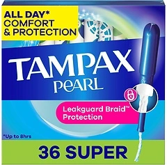 Tampax Pearl Tampons for Women, LeakGuard Braid, Super Absorbency, 36 Count