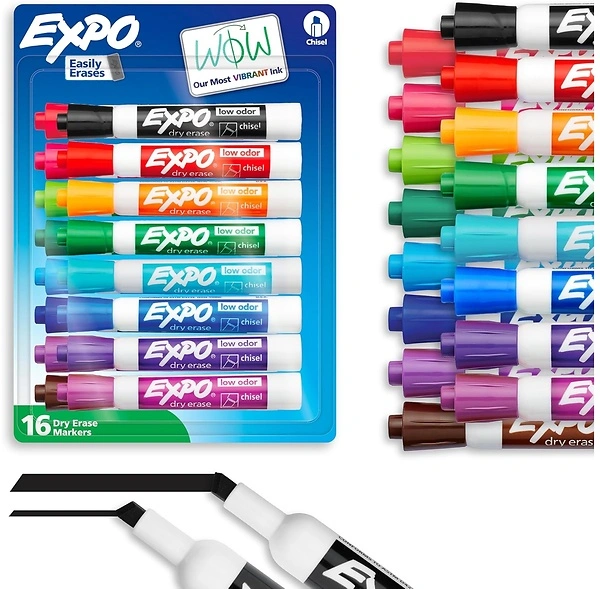 Expo Low Odor Dry Erase Markers, Assorted Colors, Chisel Tip - Pack of 16