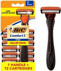 BIC Comfort 3 Refillable Disposable Razors for Men, 1 Handle and 12 Cartridges