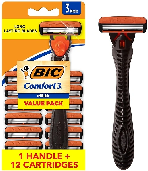 BIC Comfort 3 Refillable Disposable Razors for Men, 1 Handle and 12 Cartridges