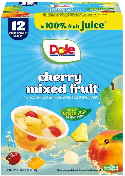 Dole Cherry Mixed Fruit in 100% Juice, 4 oz Fruit Bowls, 12 Pack