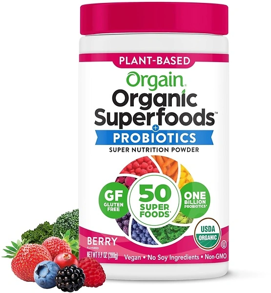Orgain Organic Greens Powder + 50 Superfoods, Berry, 1 Billion Probiotics, 0.62lb