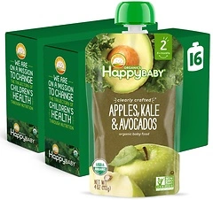Happy Baby Organics Stage 2 Baby Food Pouches, Apples, Kale & Avocados, 16 Pack