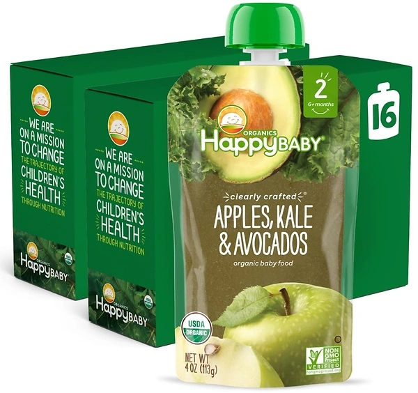 Happy Baby Organics Stage 2 Baby Food Pouches, Apples, Kale & Avocados, 16 Pack