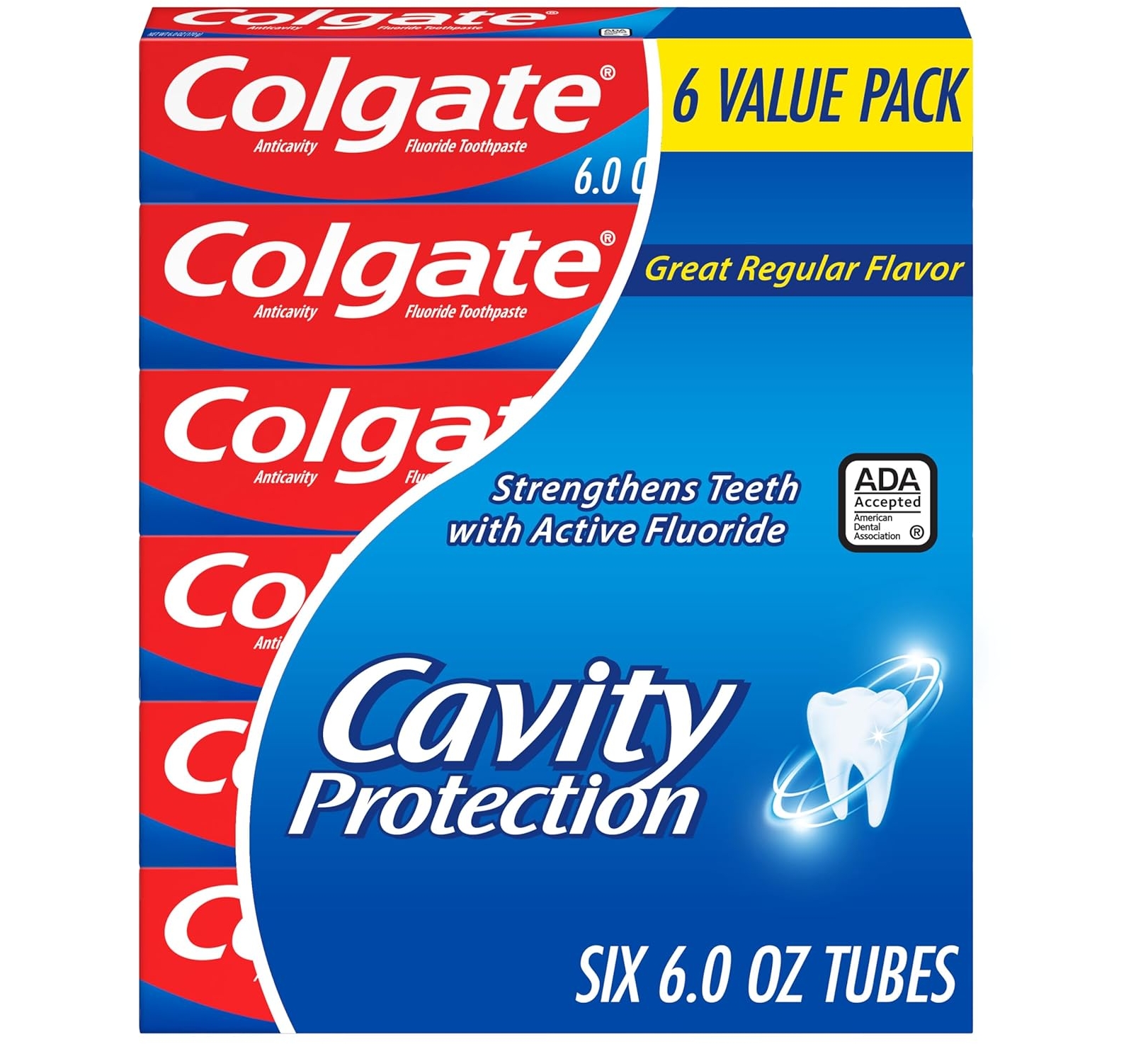 Colgate Cavity Protection Toothpaste with Fluoride, Regular Flavor, 6 Ounce, 6 Pack