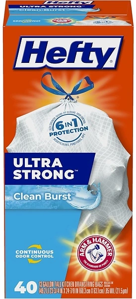 Hefty Ultra Strong Tall Kitchen Trash Bags, Clean Burst Scent, 13 Gallon, 40 Count