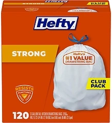 Hefty Strong 13 Gallon Tall Kitchen Trash Bags, Drawstrings, White, 120 Bags