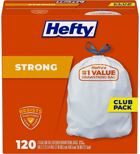 Hefty Strong 13 Gallon Tall Kitchen Trash Bags, Drawstrings, White, 120 Bags