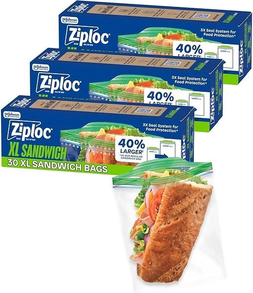 Ziploc XL Sandwich and Snack Bags with EasyGuide, 90 Bags Total