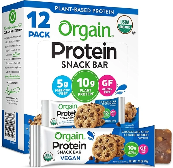 Orgain Organic Vegan Protein Bars, Chocolate Chip Cookie Dough, 10g Protein, 12 Bars