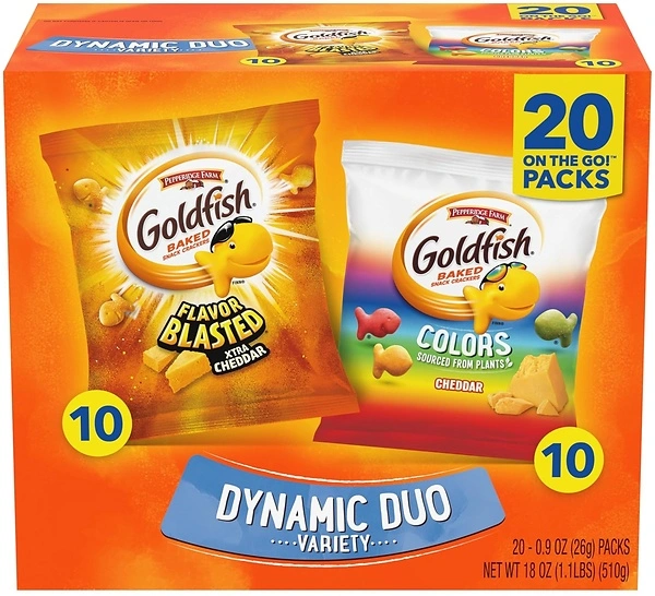 Goldfish Dynamic Duo Variety Pack, Cheddar & Flavor Blasted Xtra Cheddar, 20 Ct