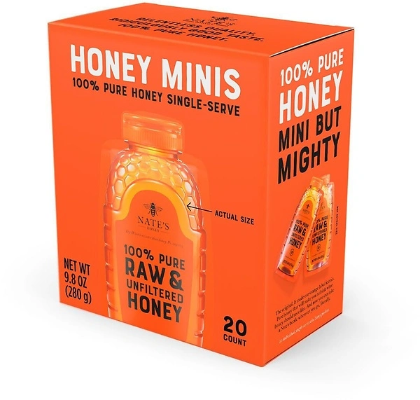 Nate's Honey Minis - 100% Pure, Raw & Unfiltered Honey, 0.49oz Packets, 20ct box