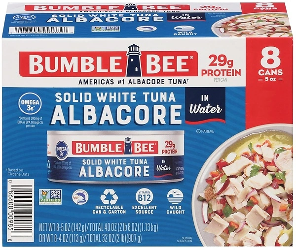 Bumble Bee Solid White Albacore Tuna in Water, 5 oz Can, Pack of 8, 29g Protein