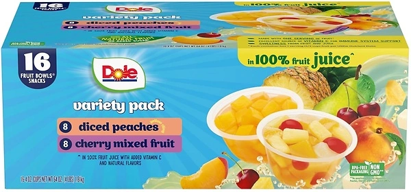 Dole Fruit Bowls, Peaches and Cherry Mixed Fruit, 4oz, 16 Cups