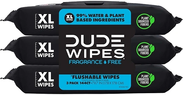 DUDE Wipes Flushable Wipes, 3 Pack, 144 Wipes - Unscented Extra-Large
