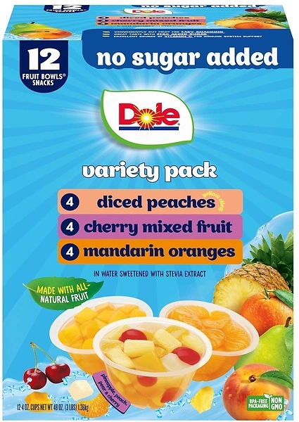 Dole Fruit Bowls No Sugar Added Variety Pack, 4oz, 12 Cups