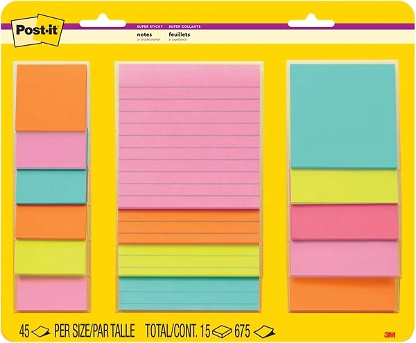 Post-it Super Sticky Lined Notes, 15 Sticky Note Pads, Multi-Size, Supernova Neons
