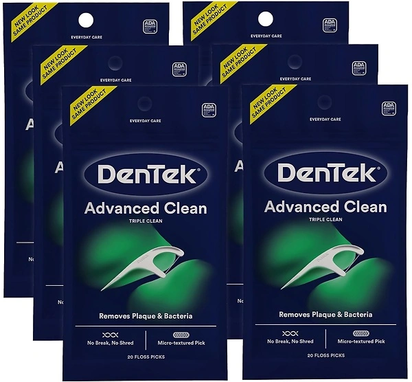 DenTek Triple Clean Advanced Floss Picks, No Break & No Shred, 20 Count, 6 Pack