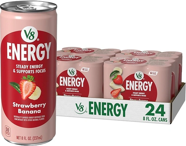 V8 +Energy Strawberry Banana Juice Energy Drink, 8 fl oz Can (24 Pack)