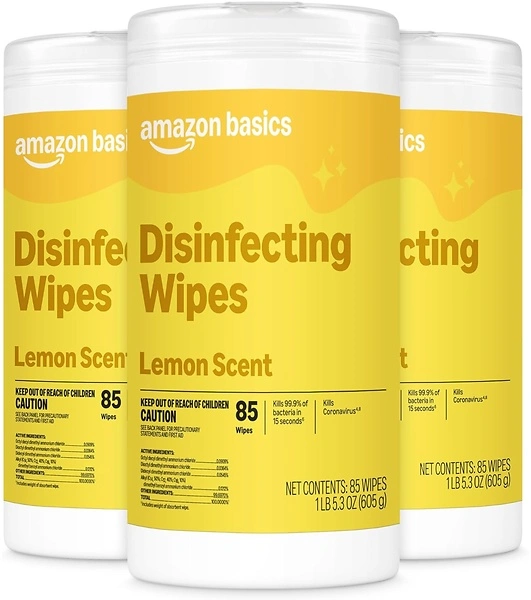 Amazon Basics Disinfecting Wipes, Lemon Scent, 255 Count (3 Packs of 85)