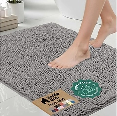Gorilla Grip Bath Rug Mat, Thick Soft Chenille, Quick Dry, 24x17, Grey