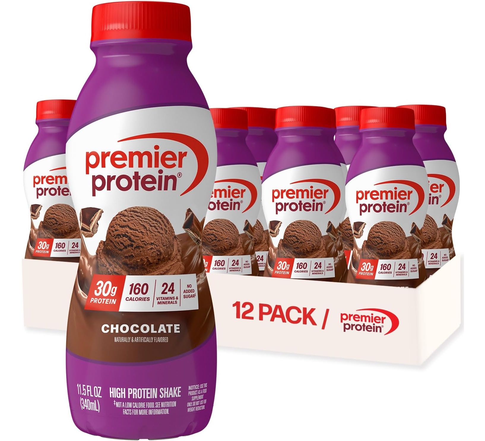 Premier Protein Shake, Chocolate, 30g Protein, Pack of 12, 11.5 fl oz