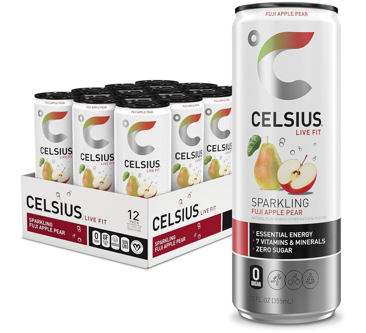 CELSIUS Sparkling Fuji Apple Pear, Functional Energy Drink, 12 Fl Oz, 12 Pack