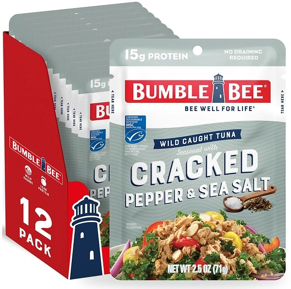 Bumble Bee Seasoned Tuna, Cracked Pepper & Sea Salt, 2.5 oz Pouches, 12 Pack