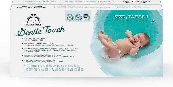 Amazon Brand - Mama Bear Gentle Touch Diapers, Hypoallergenic, Size 1, 196 Count