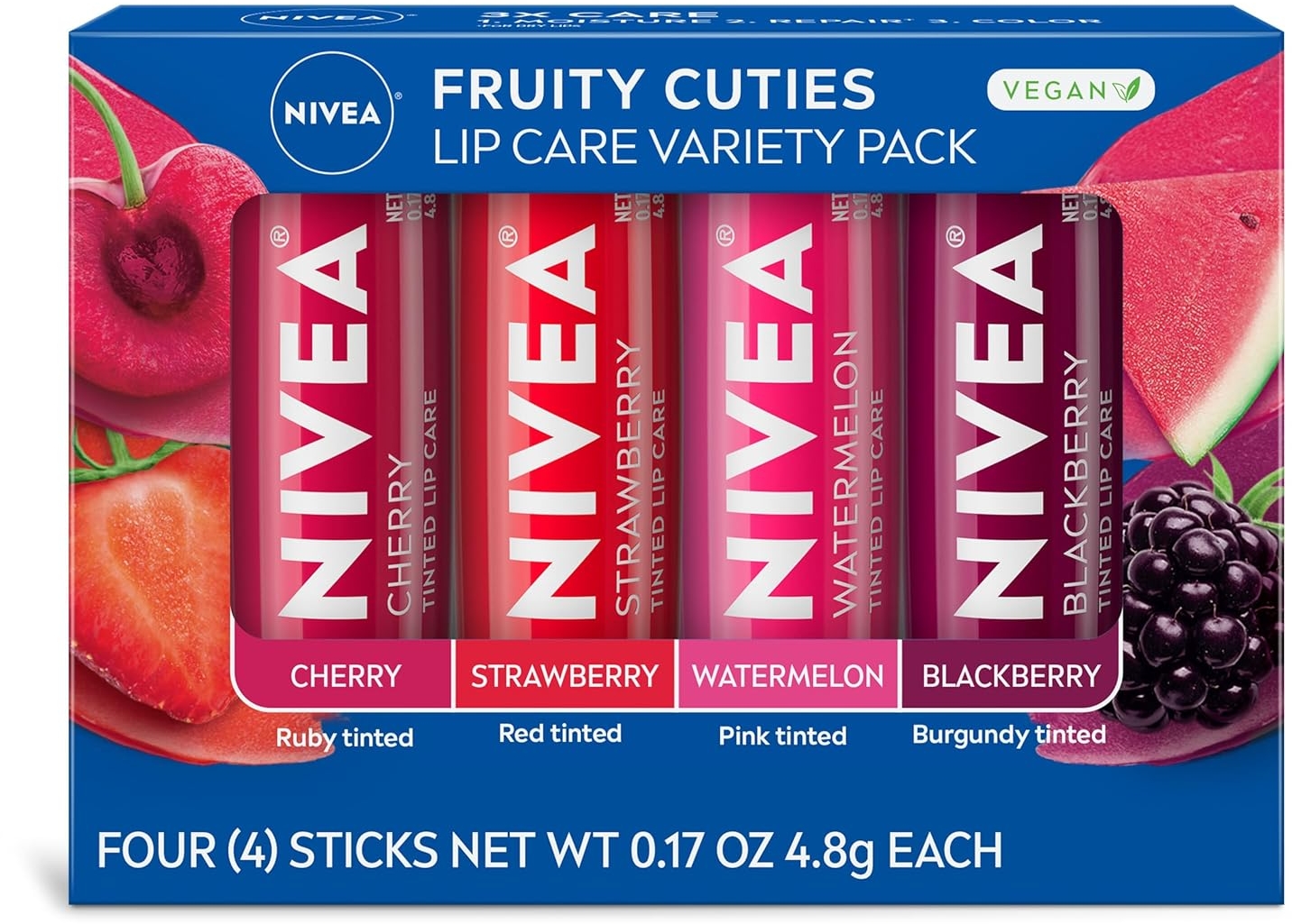 NIVEA Lip Care Variety Pack, Fruity Tinted Lip Balm, 0.17 Oz, 4-Pack