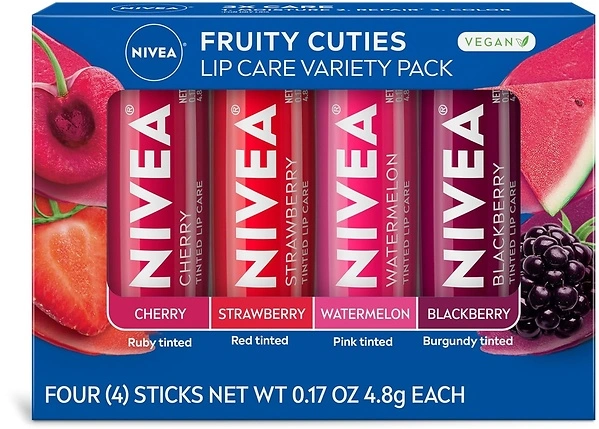 NIVEA Lip Care Variety Pack, Fruity Tinted Lip Balm, 0.17 Oz, 4-Pack