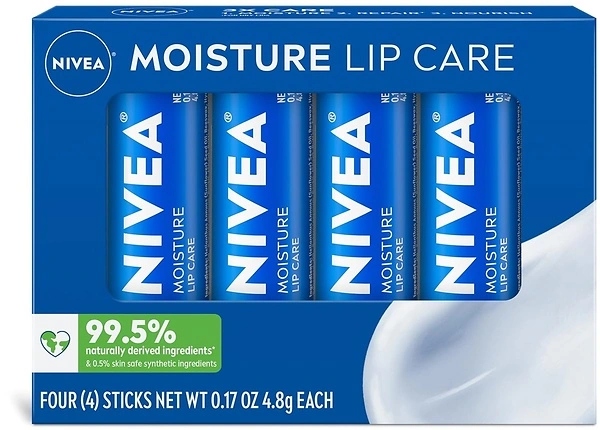 NIVEA Moisture Lip Balm Stick, Shea Butter, Jojoba, Avocado Oil, 0.17 Oz, 4 Pack