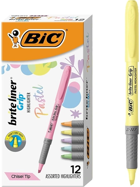 BIC Brite Liner Grip Pastel Highlighter Set, Chisel Tip, 12 Count Assorted Colors