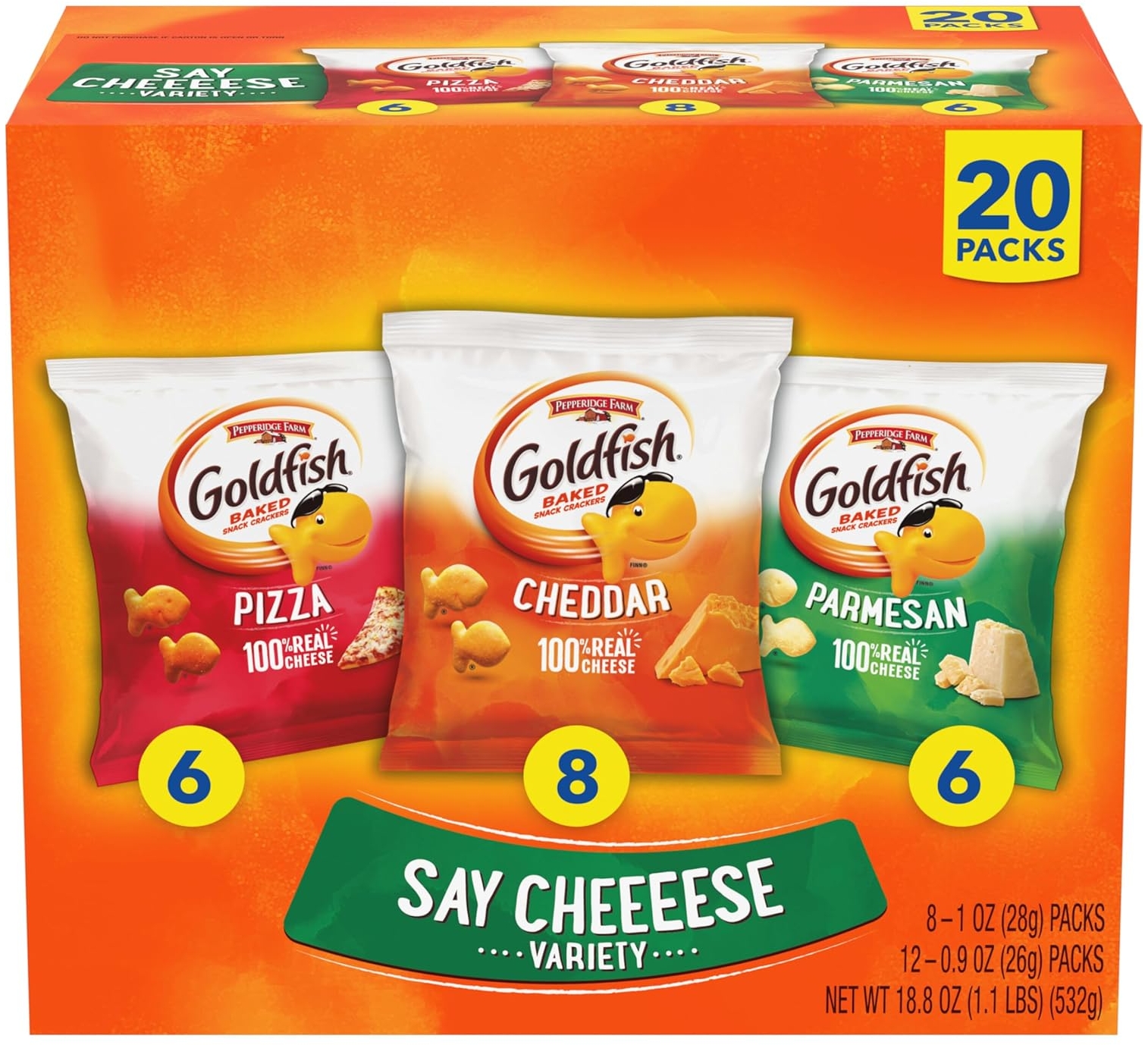 Goldfish Crackers Say Cheeeese Variety Pack, Cheddar, Pizza, Parmesan, 20 Ct