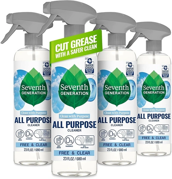 Seventh Generation All Purpose Cleaner, Biodegradable, Free & Clear, 23 oz, 4 Pack