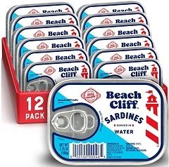 Beach Cliff Sardines in Water, 3.75 oz Can, Pack of 12 - Wild Caught, 12g Protein