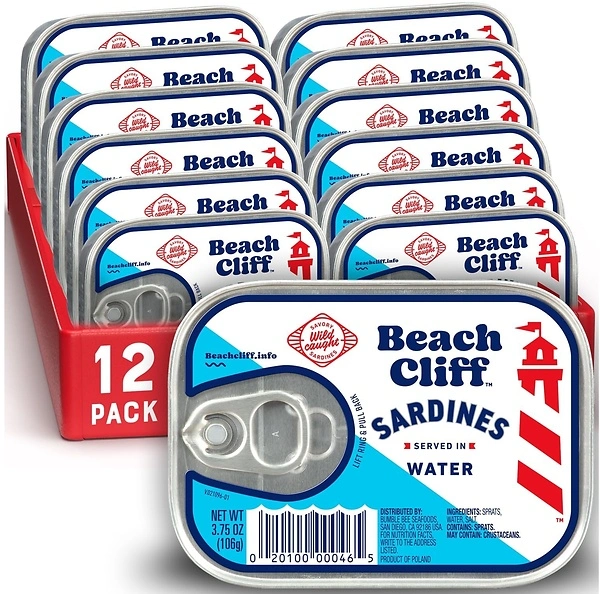 Beach Cliff Sardines in Water, 3.75 oz Can, Pack of 12 - Wild Caught, 12g Protein